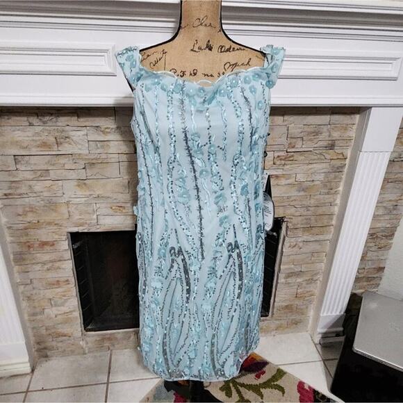 Adrianna Papell Embroidered Off Shoulder Tailored Dress, Sea Glass size 16P new - Picture 3 of 13
